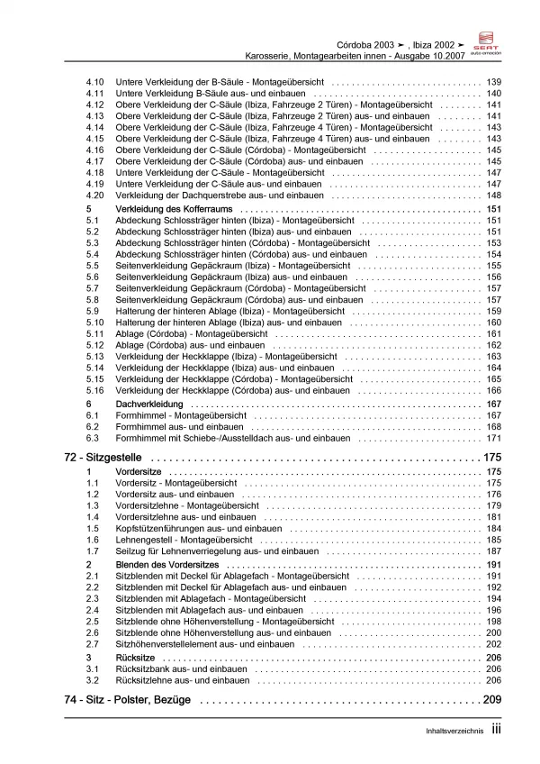 SEAT Cordoba 6L (02-08) Karosserie Montagearbeiten Innen Reparaturanleitung PDF