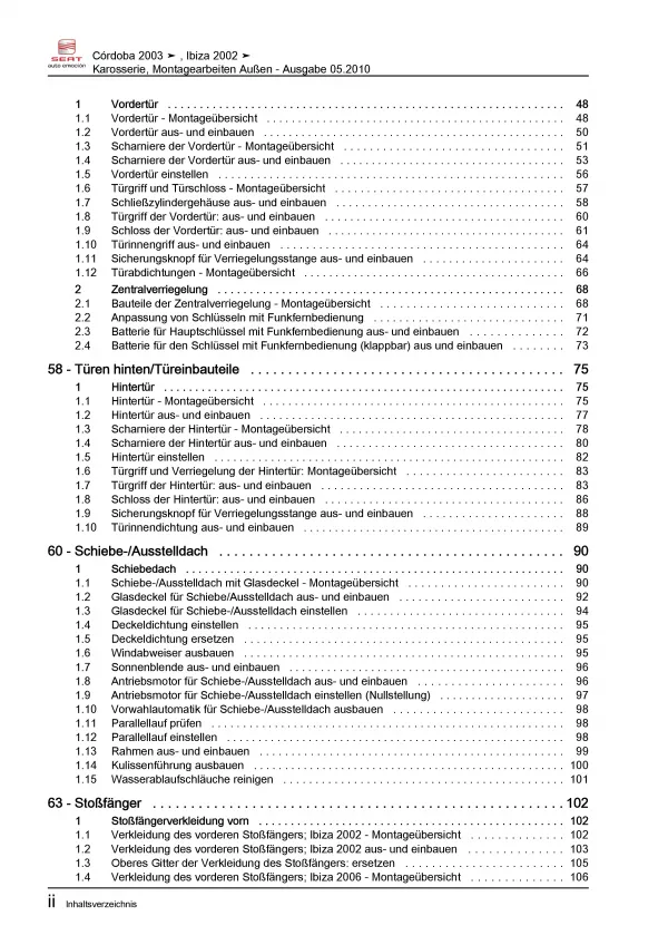 SEAT Cordoba 6L (02-08) Karosserie Montagearbeiten Außen Reparaturanleitung PDF