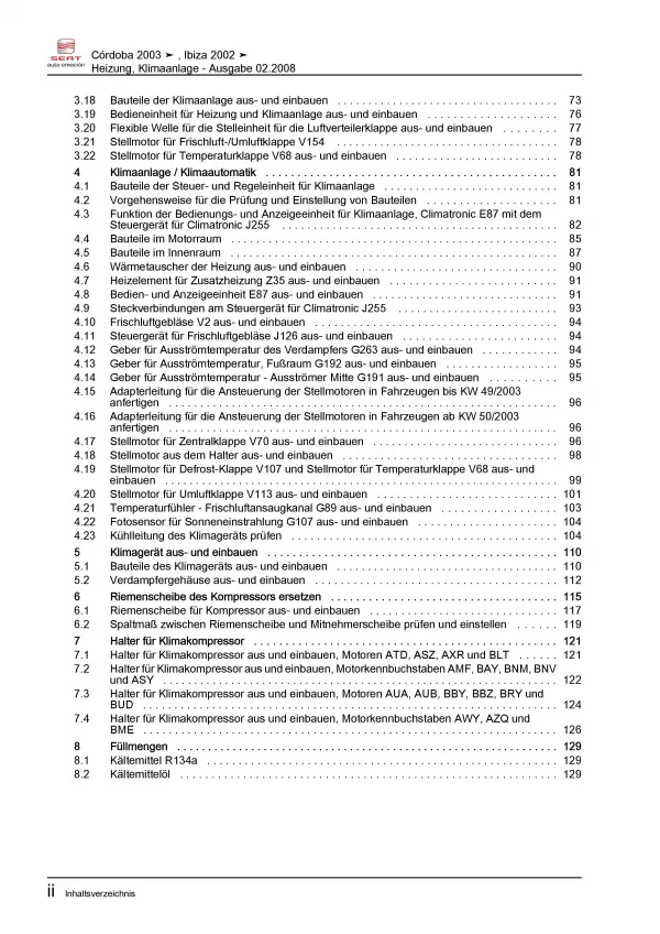 SEAT Cordoba 6L 2002-2008 Heizung Belüftung Klimaanlage Reparaturanleitung PDF