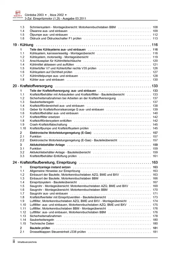 SEAT Cordoba 6L (02-08) 3-Zyl. 1,2l Benzinmotor 60-69 PS Reparaturanleitung PDF