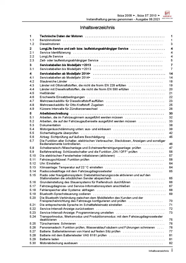 SEAT Ibiza 6J 2008-2015 Instandhaltung Inspektion Wartung Reparaturanleitung PDF