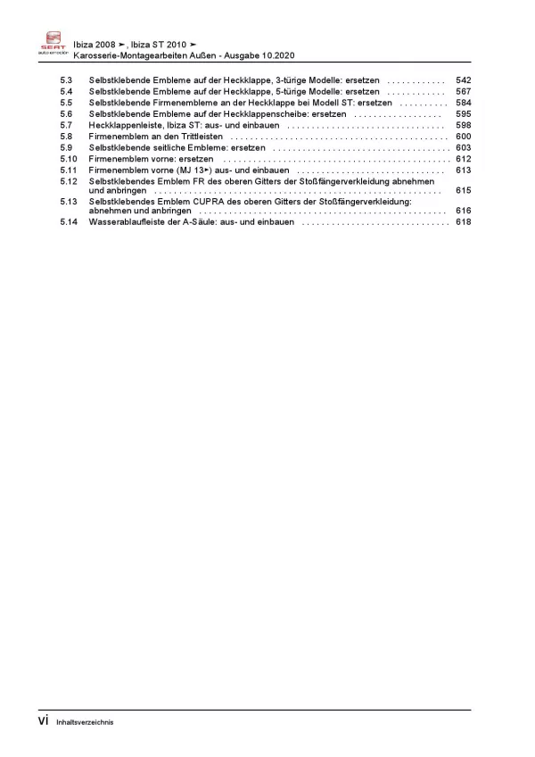 SEAT Ibiza 6J 2008-2015 Karosserie Montagearbeiten Außen Reparaturanleitung PDF