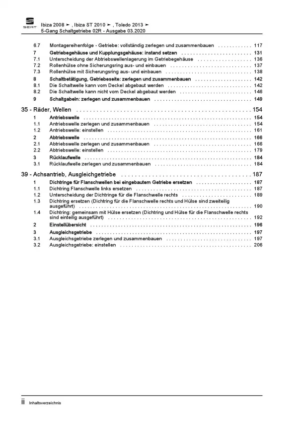 SEAT Ibiza 6J (08-15) 5 Gang Schaltgetriebe 02R Kupplung Reparaturanleitung PDF