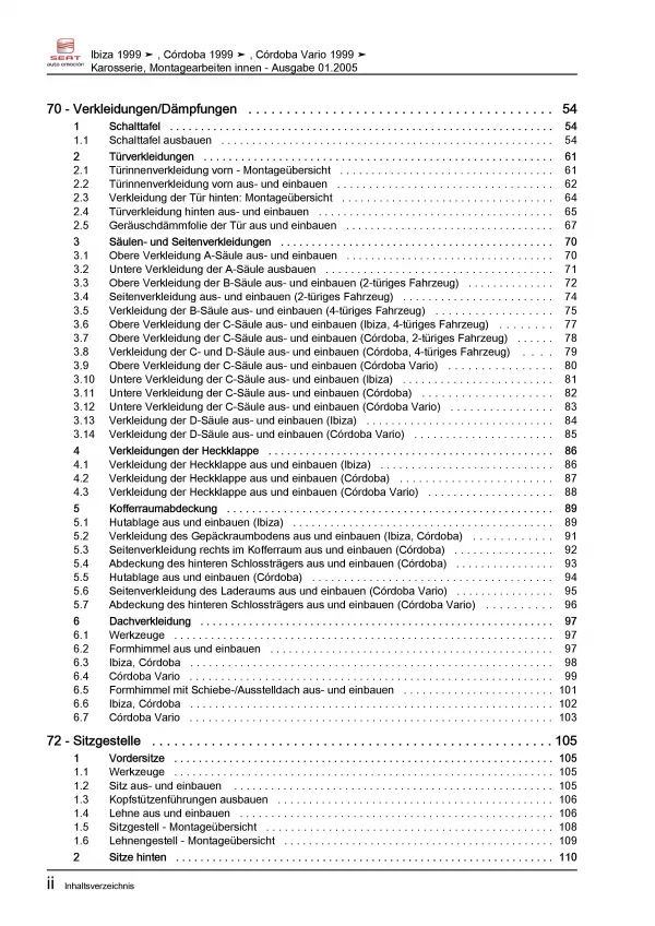 SEAT Ibiza 6K 1999-2002 Karosserie Montagearbeiten Innen Reparaturanleitung PDF