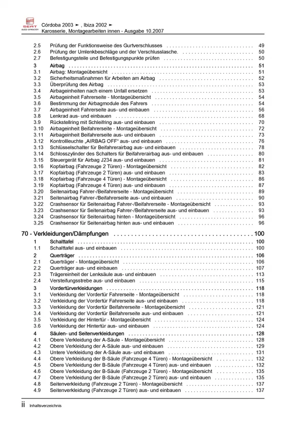 SEAT Ibiza 6L (02-08) Karosserie Montagearbeiten Innen Reparaturanleitung PDF