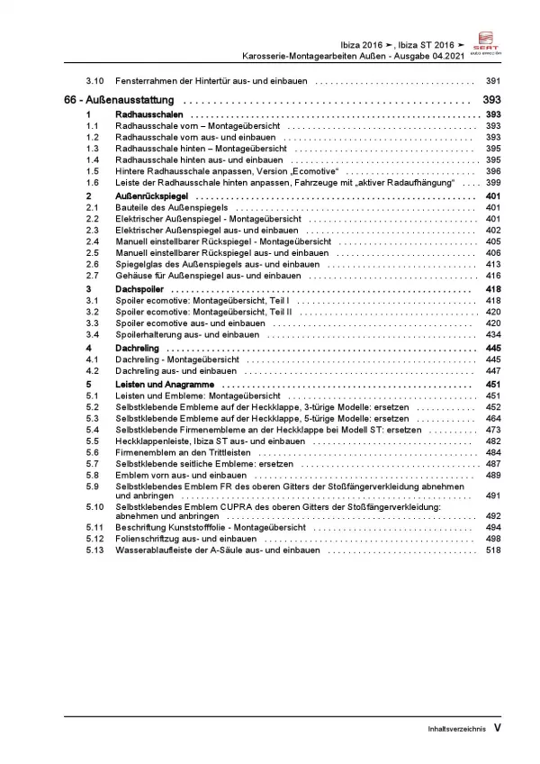 SEAT Ibiza 6P 2015-2017 Karosserie Montagearbeiten Außen Reparaturanleitung PDF
