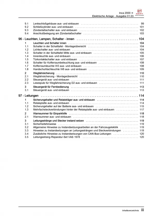 SEAT Inca 9K (95-04) Elektrische Anlage Elektrik Systeme Reparaturanleitung PDF