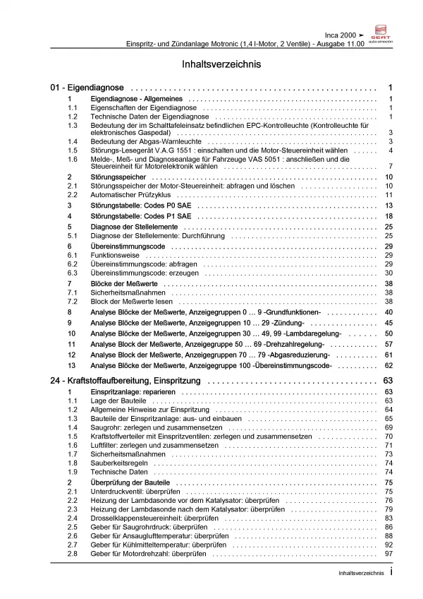 SEAT Inca 9K (95-04) 60 PS Motronic Einspritz- Zündanlage Reparaturanleitung PDF