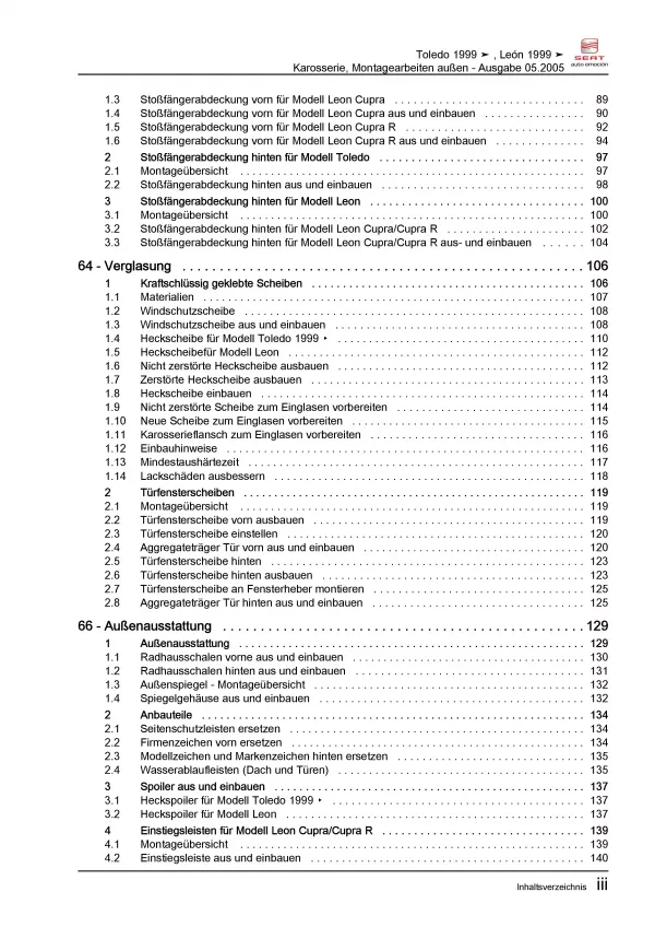 SEAT Leon 1M 1999-2006 Karosserie Montagearbeiten Außen Reparaturanleitung PDF