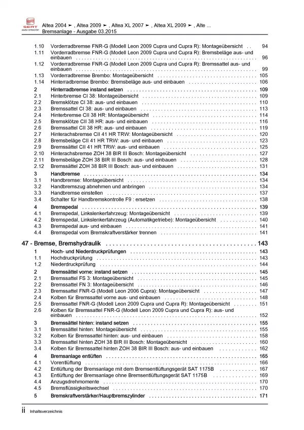 SEAT Leon Typ 1P 2005-2012 Bremsanlagen Bremsen System Reparaturanleitung PDF