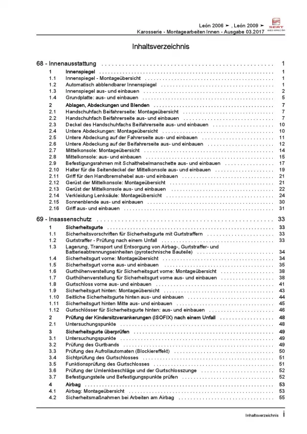 SEAT Leon 1P 2005-2012 Karosserie Montagearbeiten Innen Reparaturanleitung PDF