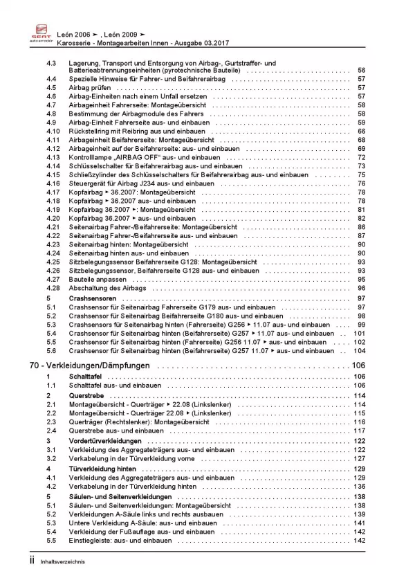 SEAT Leon 1P 2005-2012 Karosserie Montagearbeiten Innen Reparaturanleitung PDF