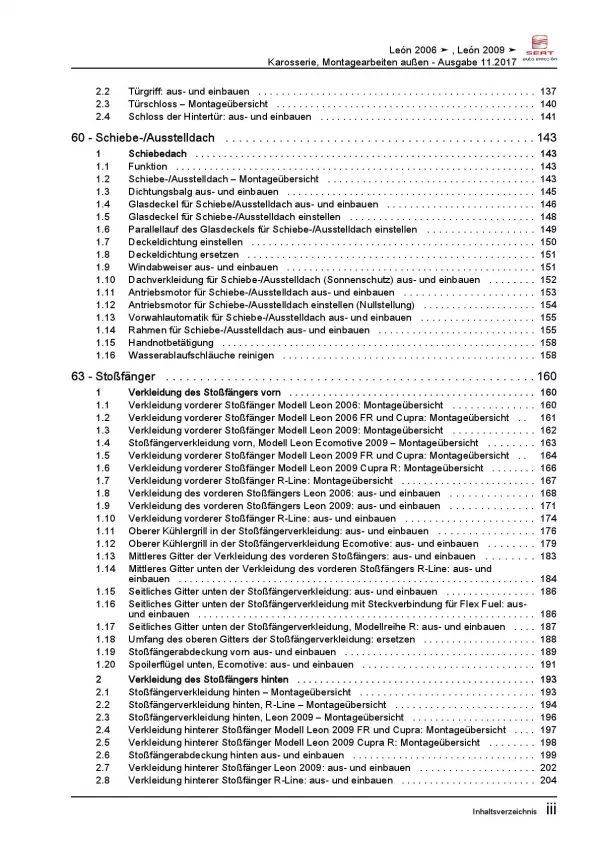 SEAT Leon 1P 2005-2012 Karosserie Montagearbeiten Außen Reparaturanleitung PDF