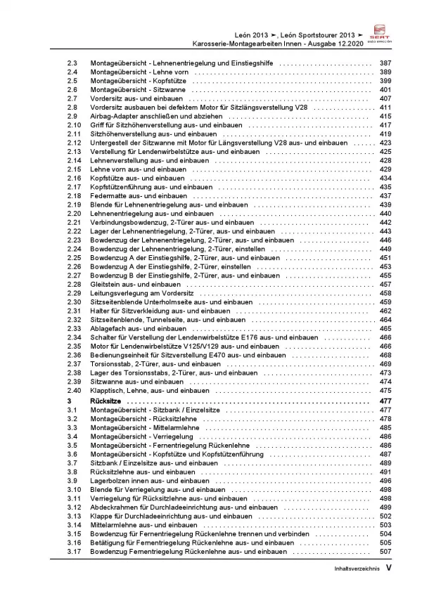 SEAT Leon 5F 2012-2020 Karosserie Montagearbeiten Innen Reparaturanleitung PDF