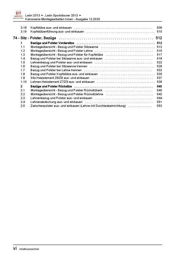 SEAT Leon 5F 2012-2020 Karosserie Montagearbeiten Innen Reparaturanleitung PDF