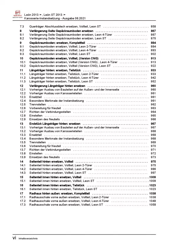 SEAT Leon 5F 2012-2020 Karosserie Unfall Instandsetzung Reparaturanleitung PDF