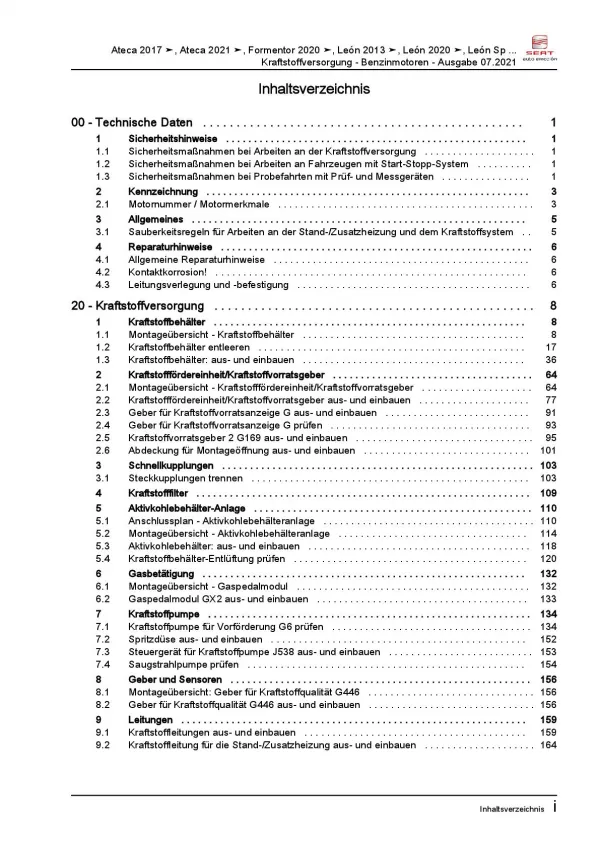 SEAT Leon 5F 2012-2020 Kraftstoffversorgung Benzinmotoren Reparaturanleitung PDF