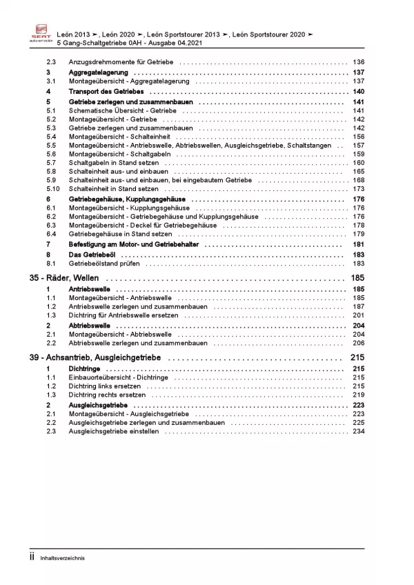 SEAT Leon 5F 2012-2020 5 Gang Schaltgetriebe 0AH Kupplung Reparaturanleitung PDF
