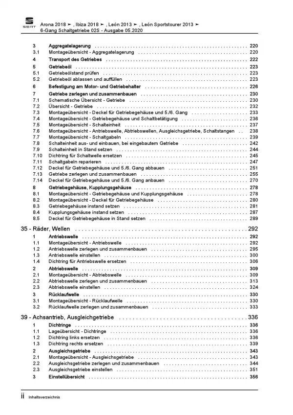 SEAT Leon 5F 2012-2020 6 Gang Schaltgetriebe 02S Kupplung Reparaturanleitung PDF