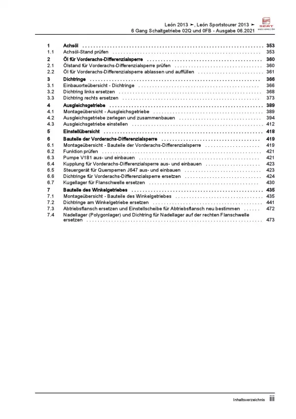 SEAT Leon 5F 2012-2020 6 Gang Schaltgetriebe 02Q 0FB Reparaturanleitung PDF