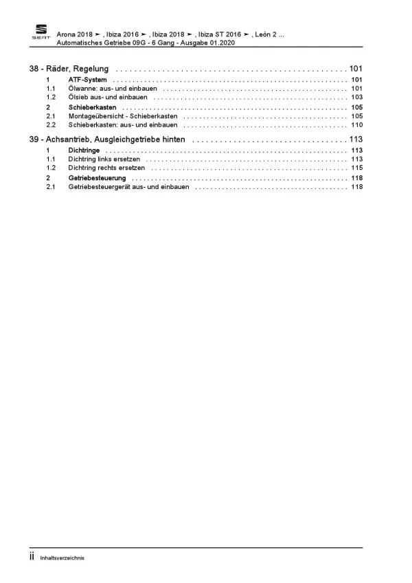 SEAT Leon Typ 5F 2012-2020 6 Gang Automatikgetriebe 09G Reparaturanleitung PDF