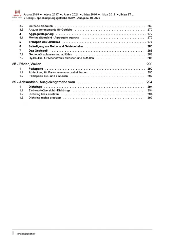 SEAT Leon 5F 2012-2020 7 Gang Automatikgetriebe DKG 0CW Reparaturanleitung PDF