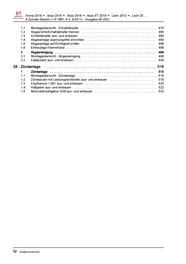 SEAT Leon 5F 2012-2020 4-Zyl. 1,6l Benzinmotor 90-110 PS Reparaturanleitung PDF