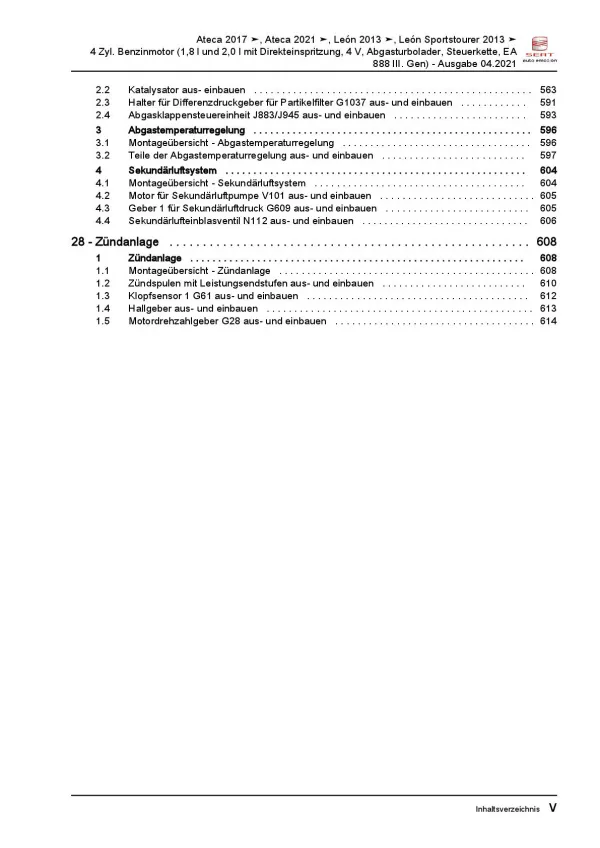 SEAT Leon 5F 2012-2020 1,8l 2,0l Benzinmotor 179-310 PS Reparaturanleitung PDF