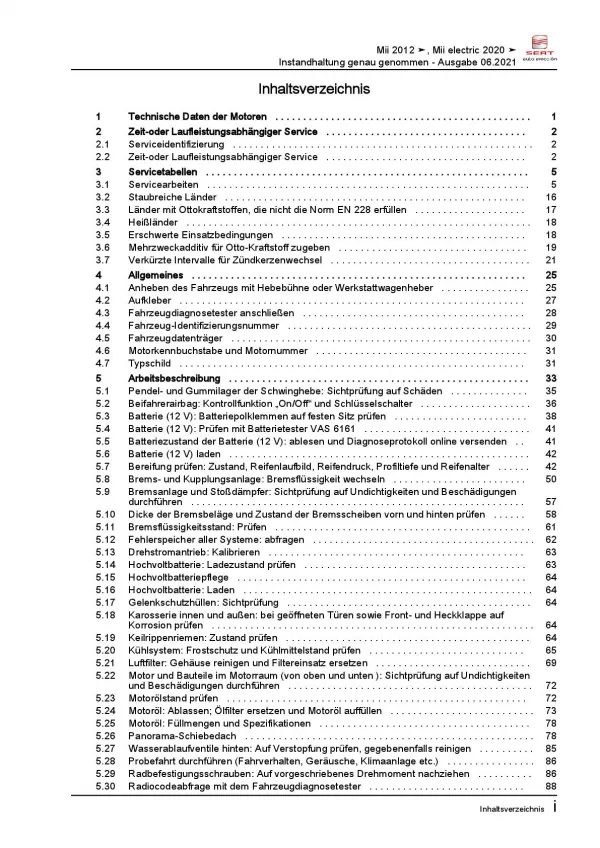SEAT Mii AA 2011-2019 Instandhaltung Inspektion Wartung Reparaturanleitung PDF