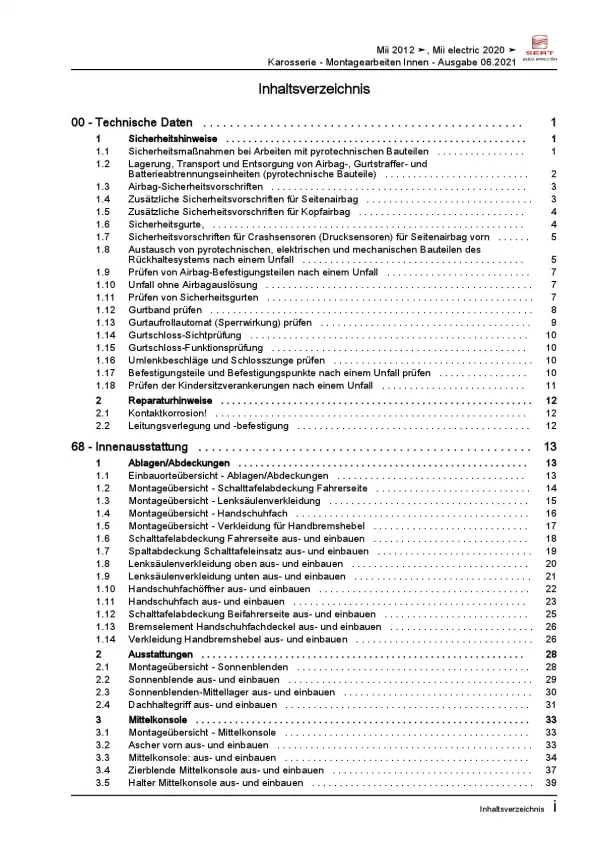 SEAT Mii AA 2011-2019 Karosserie Montagearbeiten Innen Reparaturanleitung PDF