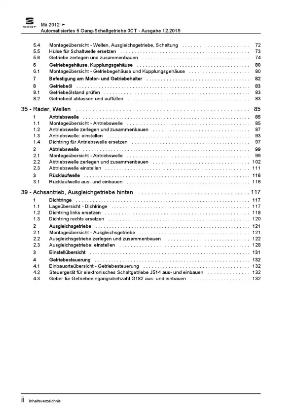 SEAT Mii AA 2011-2019 5 Gang Automatikgetriebe 0CT ASG Reparaturanleitung PDF