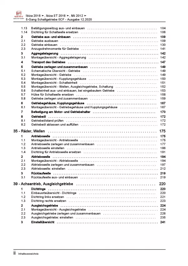 SEAT Mii AA 2011-2019 5 Gang Schaltgetriebe 0CF Kupplung Reparaturanleitung PDF