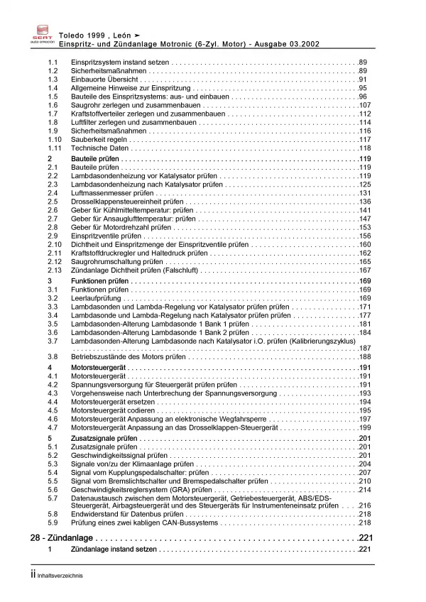 SEAT Toledo (98-04) Motronic Einspritz- Zündanlage 204 PS Reparaturanleitung PDF