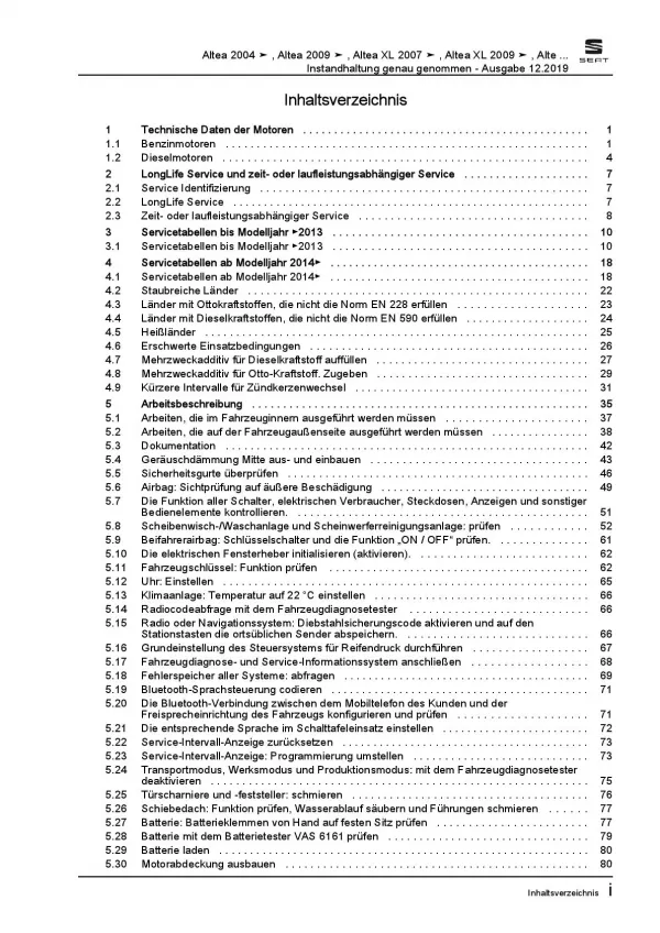 SEAT Toledo 5P (04-09) Instandhaltung Inspektion Wartung Reparaturanleitung PDF