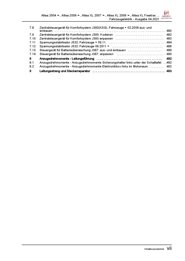 SEAT Toledo 2004-2009 Elektrische Anlage Elektrik Systeme Reparaturanleitung PDF