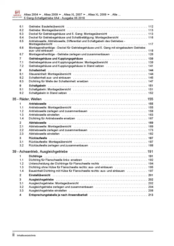 SEAT Toledo 5P (04-09) 5 Gang Schaltgetriebe 0A4 Kupplung Reparaturanleitung PDF