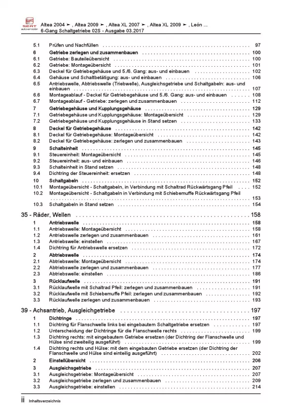 SEAT Toledo 5P (04-09) 6 Gang Schaltgetriebe 02S Kupplung Reparaturanleitung PDF