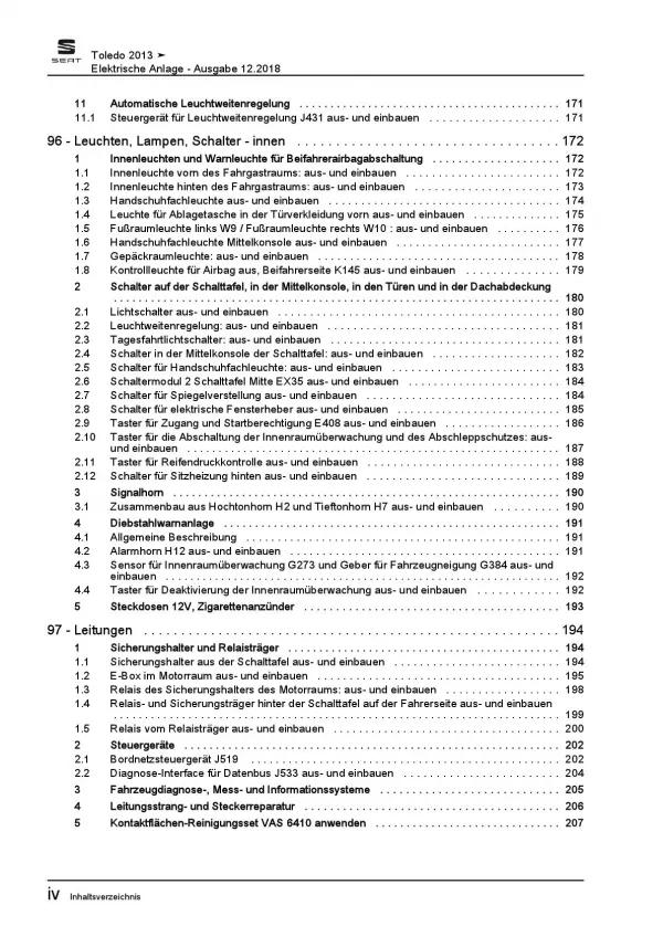 SEAT Toledo 2012-2019 Elektrische Anlage Elektrik Systeme Reparaturanleitung PDF
