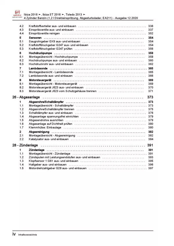 SEAT Toledo KG (12-19) 4-Zyl. 1,2l Benzinmotor 90-110 PS Reparaturanleitung PDF