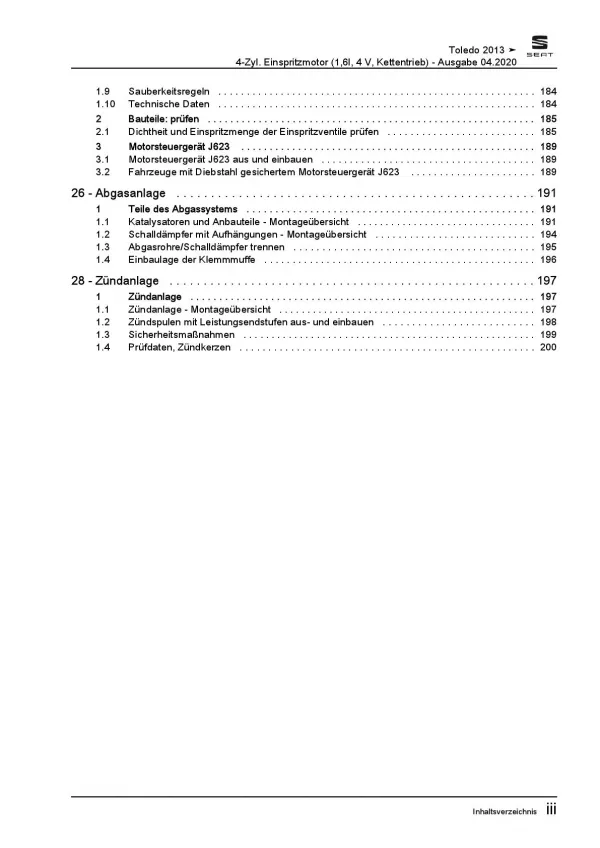 SEAT Toledo KG 2012-2019 4-Zyl. 1,6l Benzinmotor 105 PS Reparaturanleitung PDF