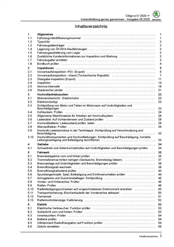 SKODA Citigo-e iV 19-20 Instandhaltung Inspektion Wartung Reparaturanleitung PDF