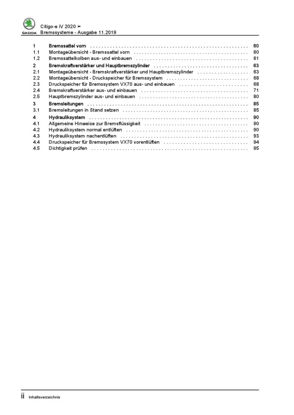 SKODA Citigo-e iV 2019-2020 Bremsanlagen Bremsen System Reparaturanleitung PDF