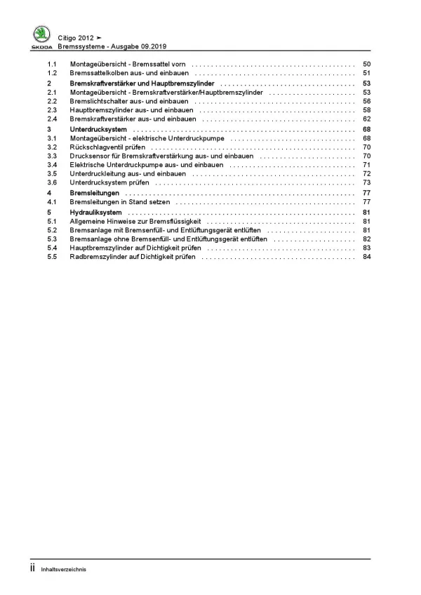 SKODA Citigo Typ NF 2011-2020 Bremsanlagen Bremsen System Reparaturanleitung PDF