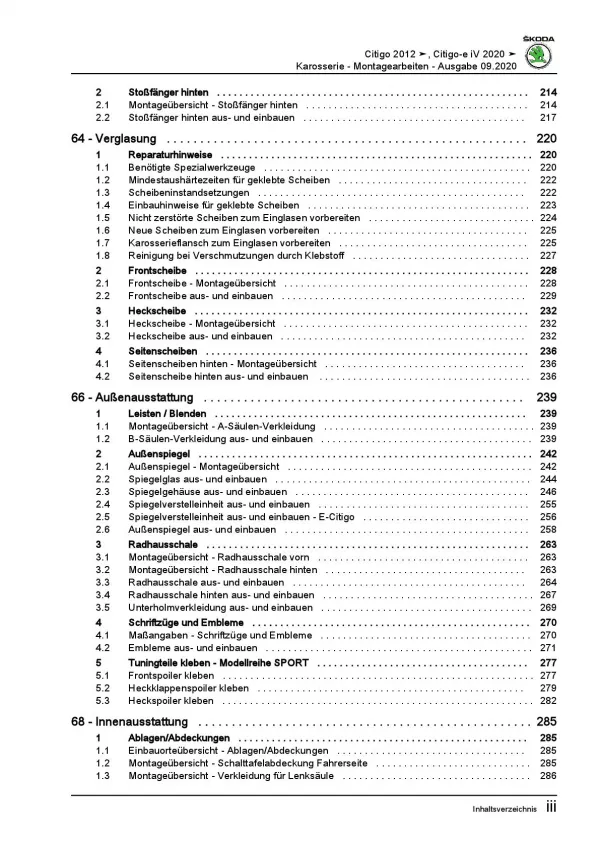 SKODA Citigo NF 2011-2020 Karosseriearbeiten Innen Außen Reparaturanleitung PDF