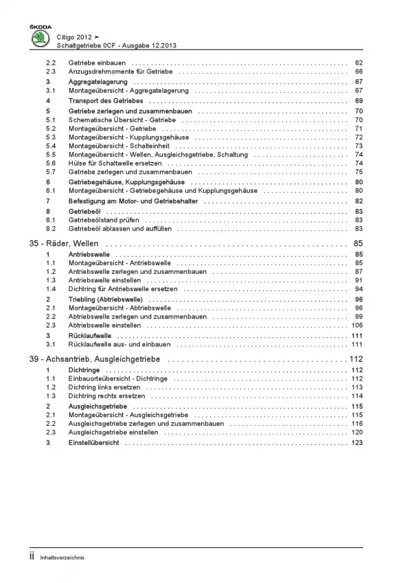 SKODA Citigo NF 11-20 5 Gang Schaltgetriebe 0CF Kupplung Reparaturanleitung PDF