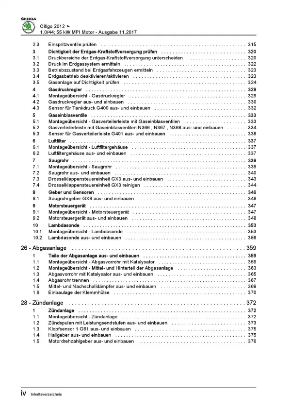 SKODA Citigo NF (11-20) 3-Zyl. 1,0l Benzinmotor 60-75 PS Reparaturanleitung PDF