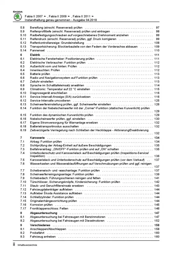SKODA Fabia 5J (06-14) Instandhaltung Inspektion Wartung Reparaturanleitung PDF