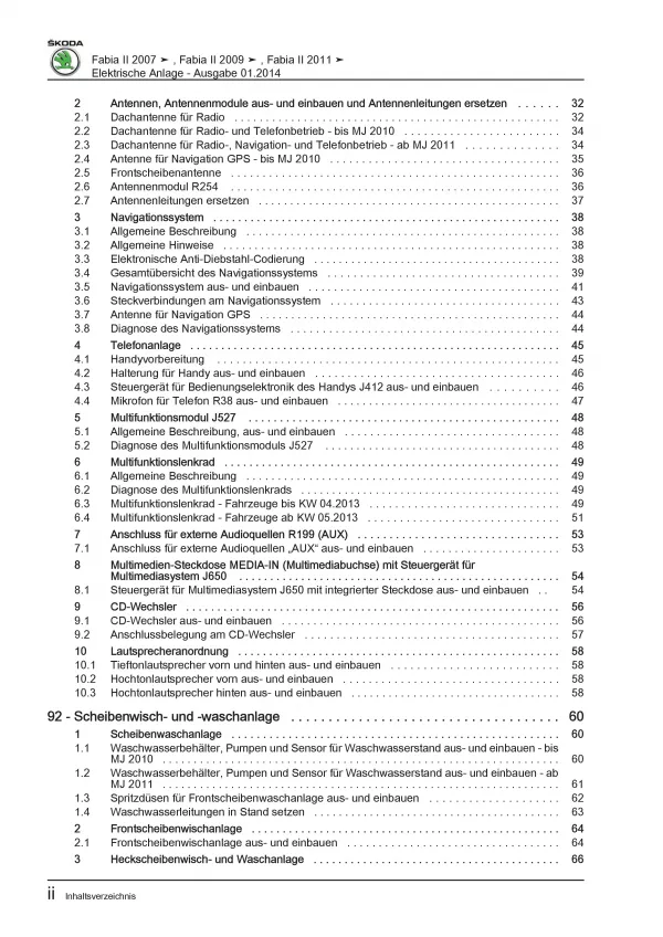 SKODA Fabia 2006-2014 Elektrische Anlage Elektrik Systeme Reparaturanleitung PDF