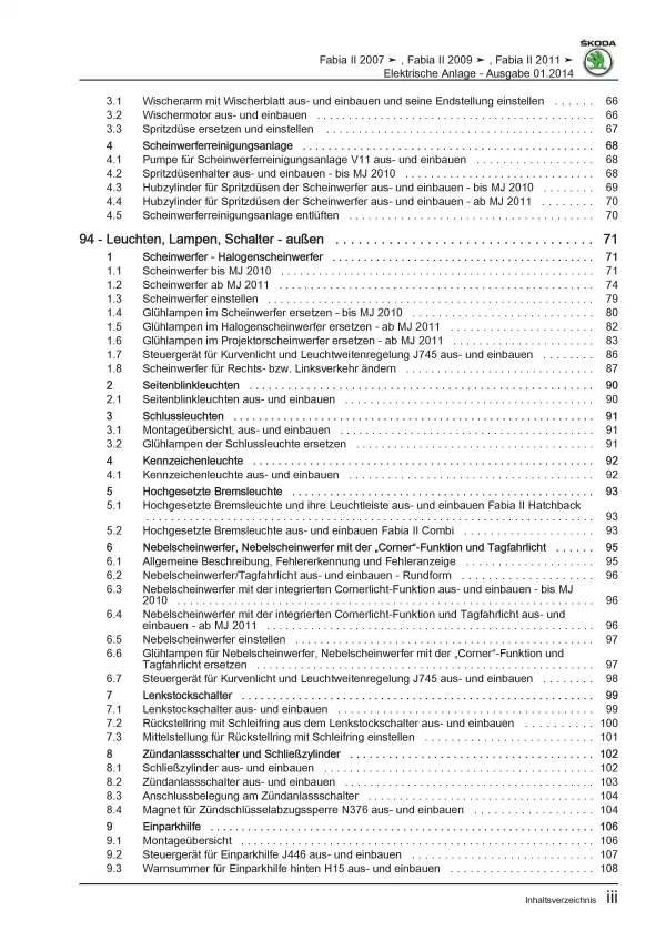 SKODA Fabia 2006-2014 Elektrische Anlage Elektrik Systeme Reparaturanleitung PDF