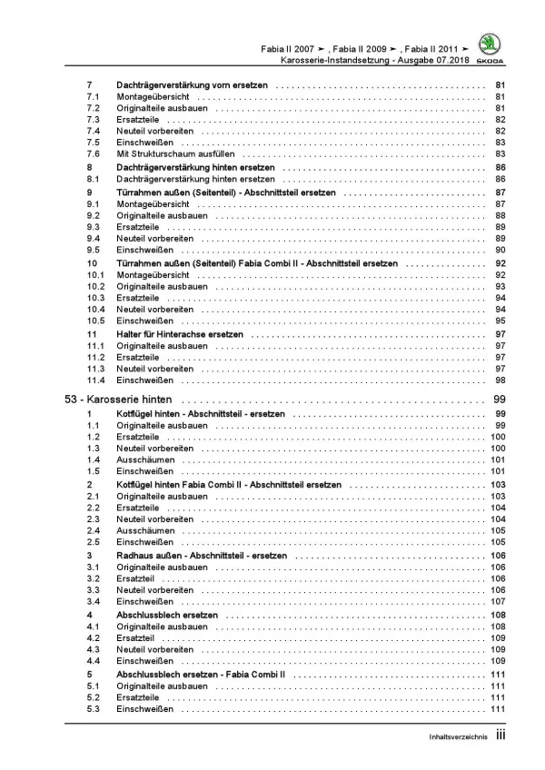 SKODA Fabia 5J 2006-2014 Karosserie Unfall Instandsetzung Reparaturanleitung PDF